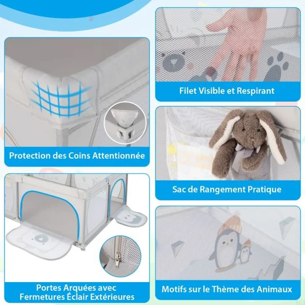 Parc pour Bébé Clôture avec Maille Respirante Sac de Rangement Ventouses Grande Porte à Fermeture Éclair 206×147×68,5cm Gris