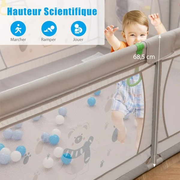 Parc pour Bébé Clôture avec Maille Respirante Sac de Rangement Ventouses Grande Porte à Fermeture Éclair 206×147×68,5cm Gris