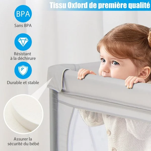 Parc pour Bébé Clôture avec Maille Respirante Sac de Rangement Ventouses Grande Porte à Fermeture Éclair 206×147×68,5cm Gris