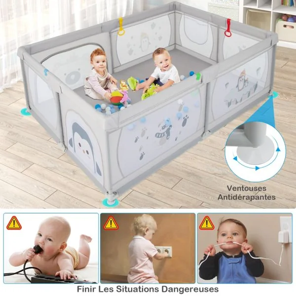 Parc pour Bébé Clôture avec Maille Respirante Sac de Rangement Ventouses Grande Porte à Fermeture Éclair 206×147×68,5cm Gris