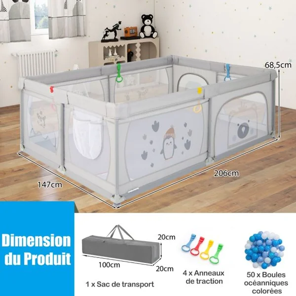 Parc pour Bébé Clôture avec Maille Respirante Sac de Rangement Ventouses Grande Porte à Fermeture Éclair 206×147×68,5cm Gris