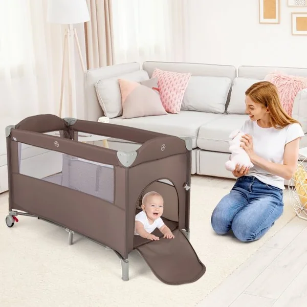 Parc pour Bébé XL 125 x 65 x 76 cm Centre d'Activité pour Enfants avec Base Antidérapante porte Parc Fermeture à Glissière Gris/Beige/Marron