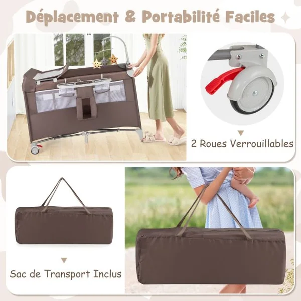 Parc pour Bébé XL 125 x 65 x 76 cm Centre d'Activité pour Enfants avec Base Antidérapante porte Parc Fermeture à Glissière Gris/Beige/Marron