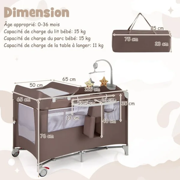 Parc pour Bébé XL 125 x 65 x 76 cm Centre d'Activité pour Enfants avec Base Antidérapante porte Parc Fermeture à Glissière Gris/Beige/Marron