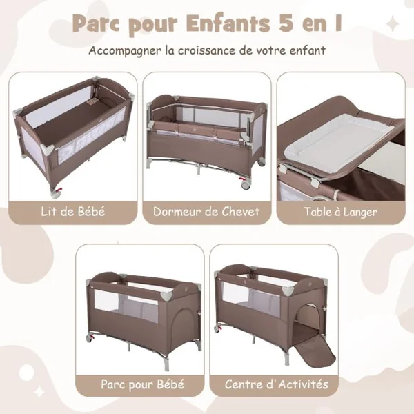 Parc pour Bébé XL 125 x 65 x 76 cm Centre d'Activité pour Enfants avec Base Antidérapante porte Parc Fermeture à Glissière Gris/Beige/Marron