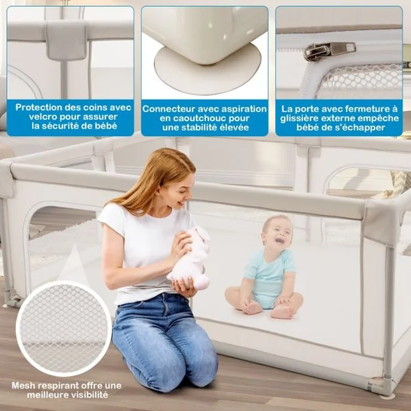 Parc pour Bébé XL 190 x 150 x 70 cm Centre d'Activité pour Enfants avec Base Antidérapante porte Parc Fermeture à Glissière Intérieur et Extérieur Beige