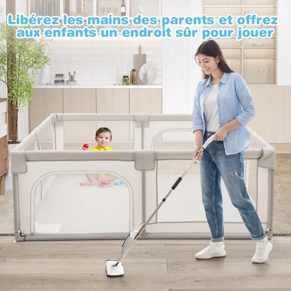 Parc pour Bébé XL 190 x 150 x 70 cm Centre d'Activité pour Enfants avec Base Antidérapante porte Parc Fermeture à Glissière Intérieur et Extérieur Beige