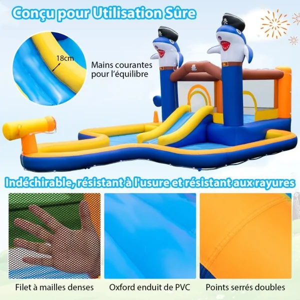 Parc Toboggan Aquatique 7 en 1 pour Enfants Château Gonflable avec Piscine et Canon à Eau Jeu de Boxe pour Les 3 à 10 Ans (sans Souffleur) Multicolore