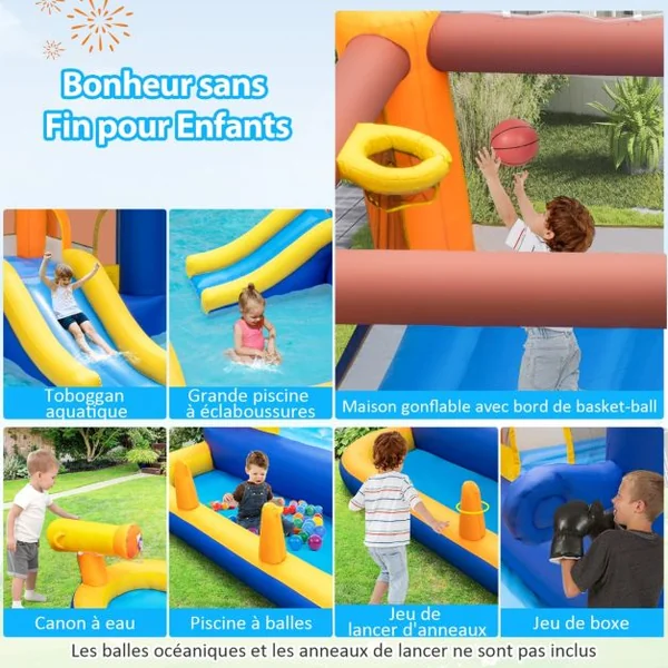 Parc Toboggan Aquatique 7 en 1 pour Enfants Château Gonflable avec Piscine et Canon à Eau Jeu de Boxe pour Les 3 à 10 Ans (sans Souffleur) Multicolore