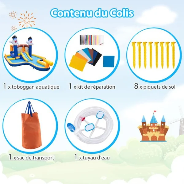 Parc Toboggan Aquatique 7 en 1 pour Enfants Château Gonflable avec Piscine et Canon à Eau Jeu de Boxe pour Les 3 à 10 Ans (sans Souffleur) Multicolore