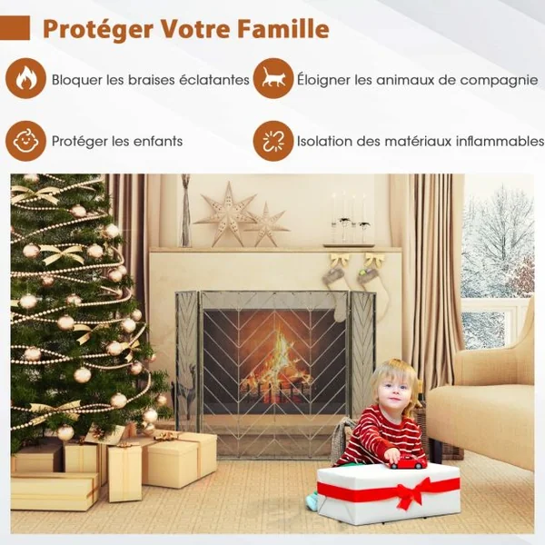 Pare-feu Pliable 133 x 78 CM (L x H) pour Cheminée / Poêle - 3 Volets Grille de Protection Enfant et Animaux Bronze