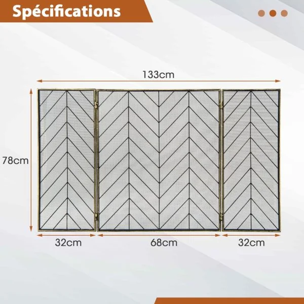 Pare-feu Pliable 133 x 78 CM (L x H) pour Cheminée / Poêle - 3 Volets Grille de Protection Enfant et Animaux Bronze