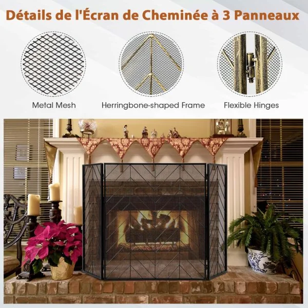 Pare-feu Pliable 133 x 78 CM (L x H) pour Cheminée / Poêle - 3 Volets Grille de Protection Enfant et Animaux Noir