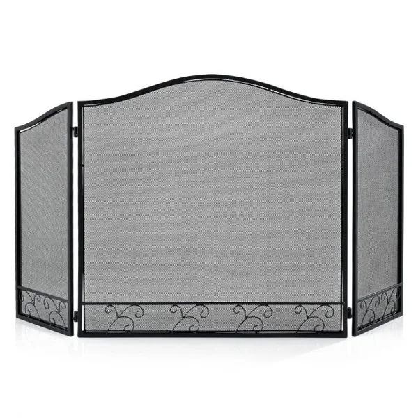 Pare-feu Pliable 93 x 59 CM (L x H) pour Cheminée - Poêle - 3 Volets en Fer forgé Grille de Protection Enfant et Animaux Noir