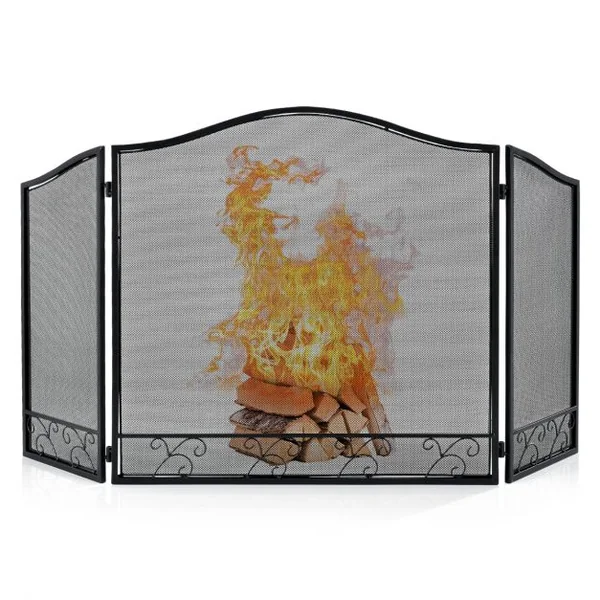 Pare-feu Pliable 93 x 59 CM (L x H) pour Cheminée - Poêle - 3 Volets en Fer forgé Grille de Protection Enfant et Animaux Noir
