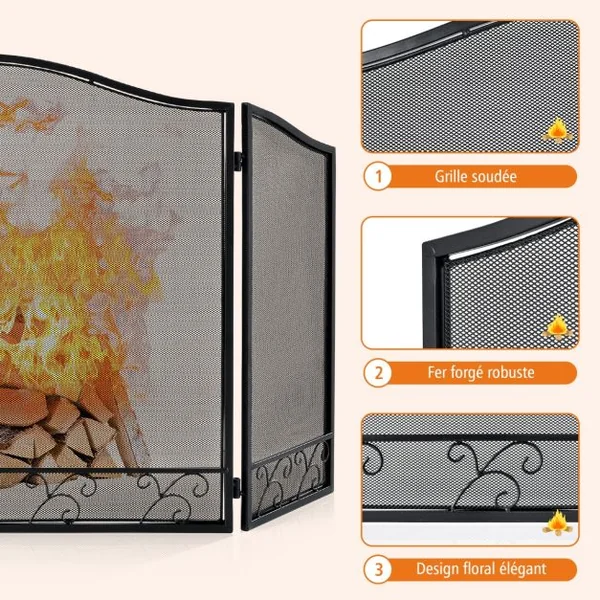 Pare-feu Pliable 93 x 59 CM (L x H) pour Cheminée - Poêle - 3 Volets en Fer forgé Grille de Protection Enfant et Animaux Noir