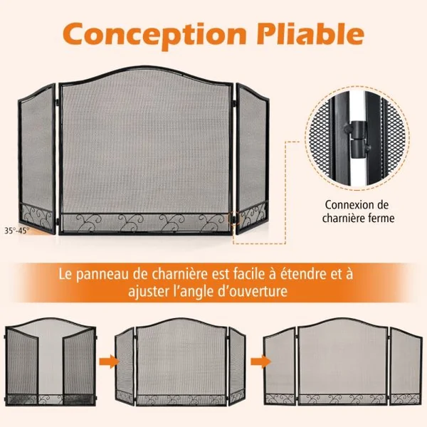 Pare-feu Pliable 93 x 59 CM (L x H) pour Cheminée - Poêle - 3 Volets en Fer forgé Grille de Protection Enfant et Animaux Noir