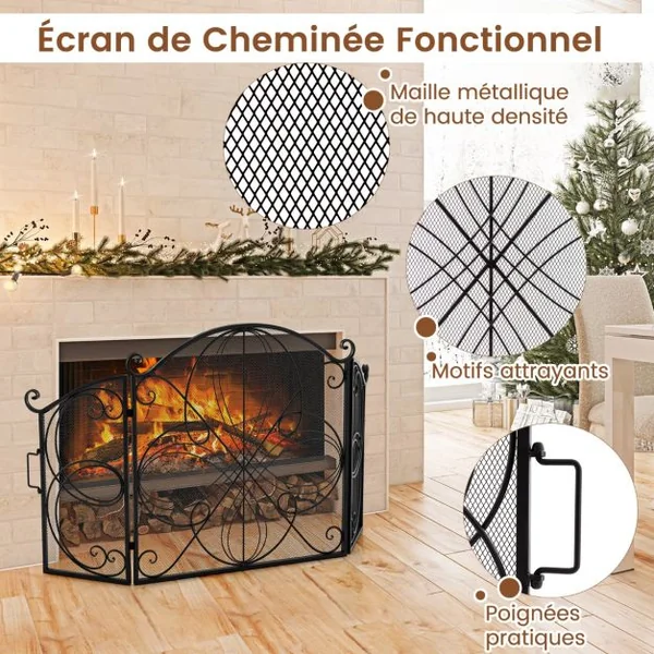 Pare-étincelles Pliable à 3 Panneaux avec Motif Floral Barrière de Cheminée en Maille de 151 x 83 cm Protection de Clôture en Métal pour Salon