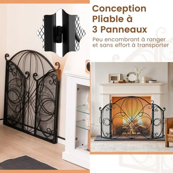 Pare-étincelles Pliable à 3 Panneaux avec Motif Floral Barrière de Cheminée en Maille de 151 x 83 cm Protection de Clôture en Métal pour Salon