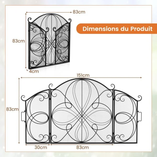 Pare-étincelles Pliable à 3 Panneaux avec Motif Floral Barrière de Cheminée en Maille de 151 x 83 cm Protection de Clôture en Métal pour Salon