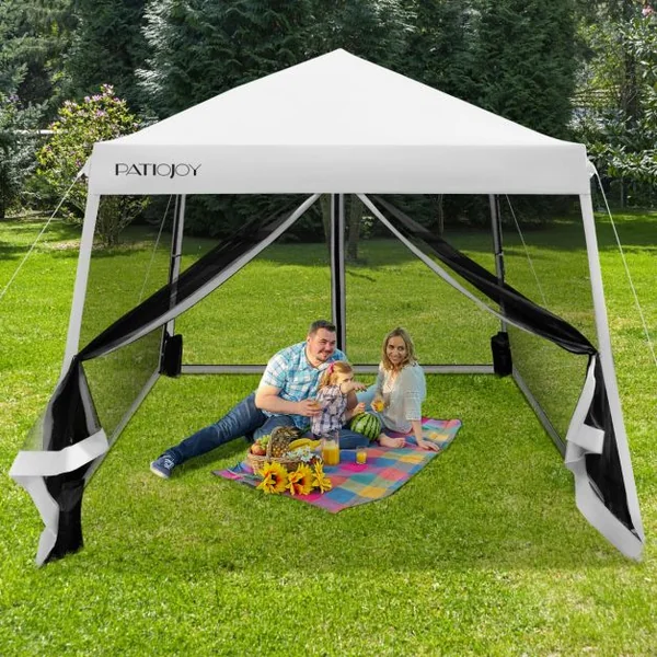 Patio Extérieur Auvent Escamotable Instantané Tente en Maille à Jambes Onclinées Pliante Blanc/Bleu/Gris