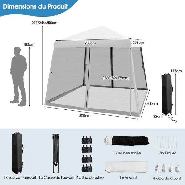 Patio Extérieur Auvent Escamotable Instantané Tente en Maille à Jambes Onclinées Pliante Blanc/Bleu/Gris