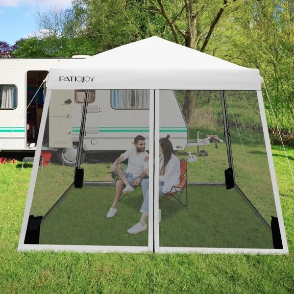 Patio Extérieur Auvent Escamotable Instantané Tente en Maille à Jambes Onclinées Pliante Blanc/Bleu/Gris