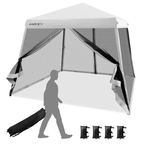 Patio Extérieur Auvent Escamotable Instantané Tente en Maille à Jambes Onclinées Pliante Blanc/Bleu/Gris