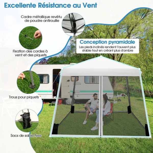 Patio Extérieur Auvent Escamotable Instantané Tente en Maille à Jambes Onclinées Pliante Blanc/Bleu/Gris