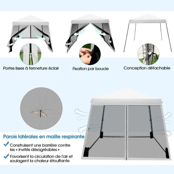 Patio Extérieur Auvent Escamotable Instantané Tente en Maille à Jambes Onclinées Pliante Blanc/Bleu/Gris