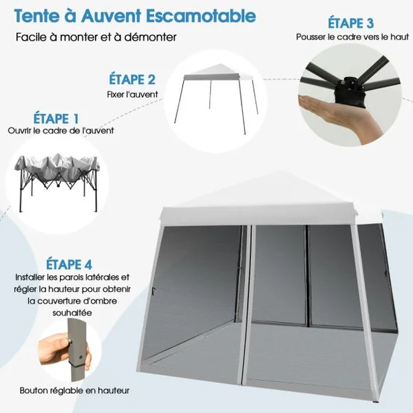 Patio Extérieur Auvent Escamotable Instantané Tente en Maille à Jambes Onclinées Pliante Blanc/Bleu/Gris