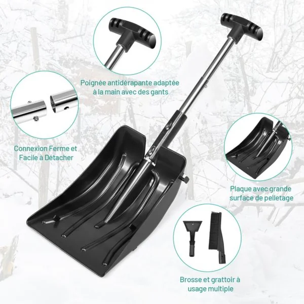 Pelle à Neige 3 en 1 avec Manche en Aluminium Kit de Déneigement 70-89CM avec Brosse Grattoir à Glace Sac de Transport