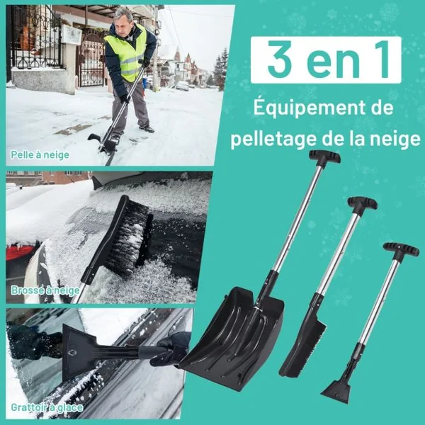 Pelle à Neige 3 en 1 avec Manche en Aluminium Kit de Déneigement 70-89CM avec Brosse Grattoir à Glace Sac de Transport