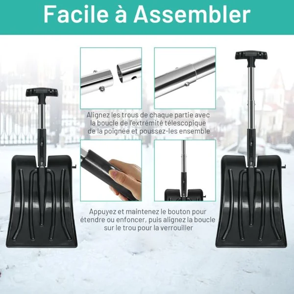 Pelle à Neige 3 en 1 avec Manche en Aluminium Kit de Déneigement 70-89CM avec Brosse Grattoir à Glace Sac de Transport
