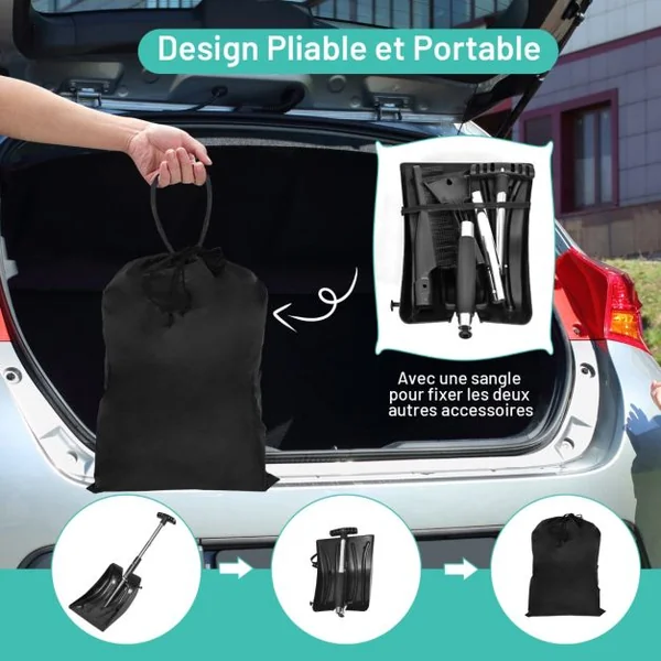 Pelle à Neige 3 en 1 avec Manche en Aluminium Kit de Déneigement 70-89CM avec Brosse Grattoir à Glace Sac de Transport
