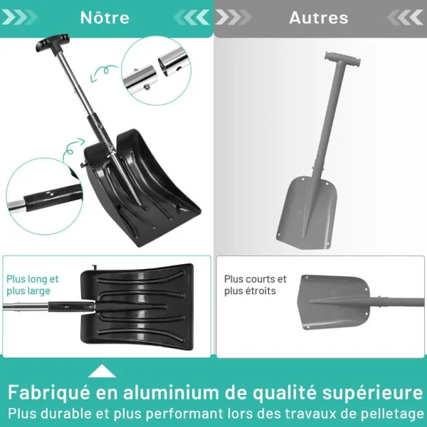 Pelle à Neige 3 en 1 avec Manche en Aluminium Kit de Déneigement 70-89CM avec Brosse Grattoir à Glace Sac de Transport