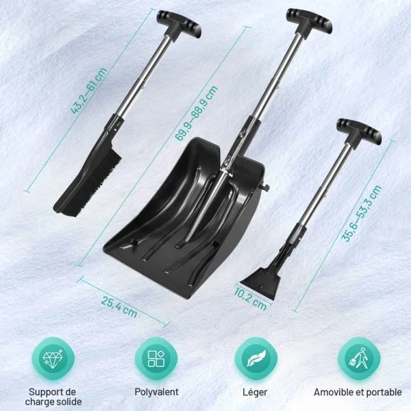 Pelle à Neige 3 en 1 avec Manche en Aluminium Kit de Déneigement 70-89CM avec Brosse Grattoir à Glace Sac de Transport