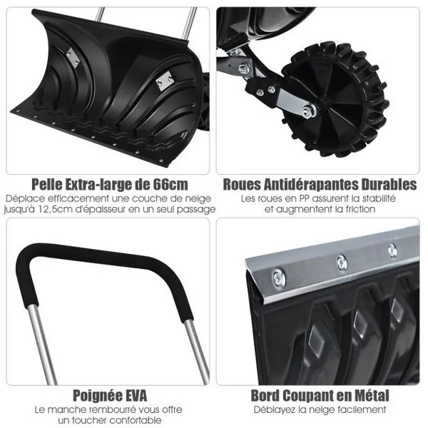Pelle à Neige avec Roues Pelle Déneigement Pliable Largeur de Travail 65cm avec Poignée Réglable en Hauteur et en Angle