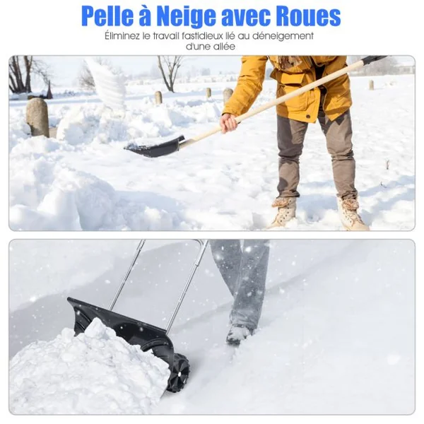 Pelle à Neige avec Roues Pelle Déneigement Pliable Largeur de Travail 65cm avec Poignée Réglable en Hauteur et en Angle