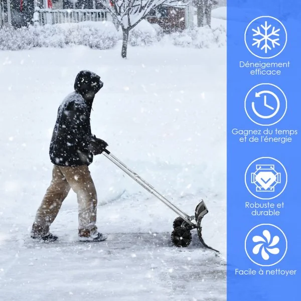 Pelle à Neige avec Roues Pelle Déneigement Pliable Largeur de Travail 65cm avec Poignée Réglable en Hauteur et en Angle