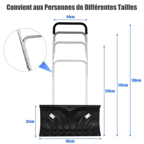 Pelle à Neige avec Roues Pelle Déneigement Pliable Largeur de Travail 65cm avec Poignée Réglable en Hauteur et en Angle