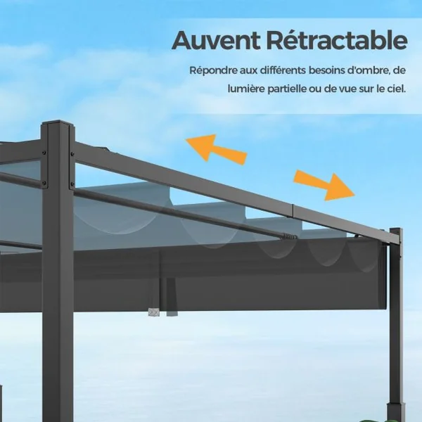Pergola d'Extérieur 310 x 310 CM avec Auvent Rétractable Colonnes Métalliques Robustes Pavillon Moderne Pare-Soleil Tonnelle