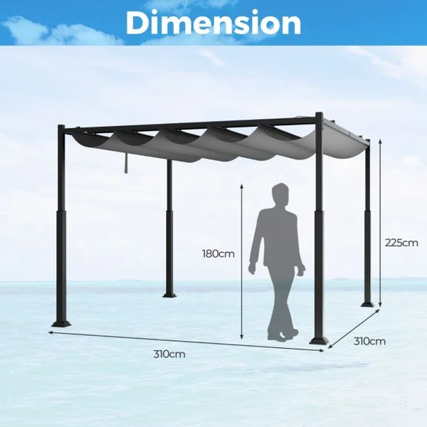 Pergola d'Extérieur 310 x 310 CM avec Auvent Rétractable Colonnes Métalliques Robustes Pavillon Moderne Pare-Soleil Tonnelle