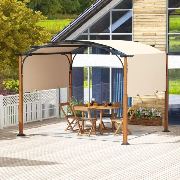 Pergola Rétractable 300x360 CM Pergola Métallique à Arcs pour Patio avec Auvent Rétractable Poteaux Aspect Bois Tonnelle Treillis Gris/Beige
