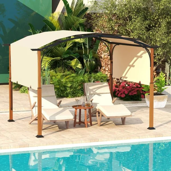 Pergola Rétractable 300x360 CM Pergola Métallique à Arcs pour Patio avec Auvent Rétractable Poteaux Aspect Bois Tonnelle Treillis Gris/Beige