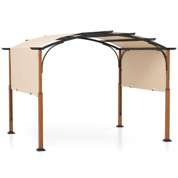 Pergola Rétractable 300x360 CM Pergola Métallique à Arcs pour Patio avec Auvent Rétractable Poteaux Aspect Bois Tonnelle Treillis Gris/Beige