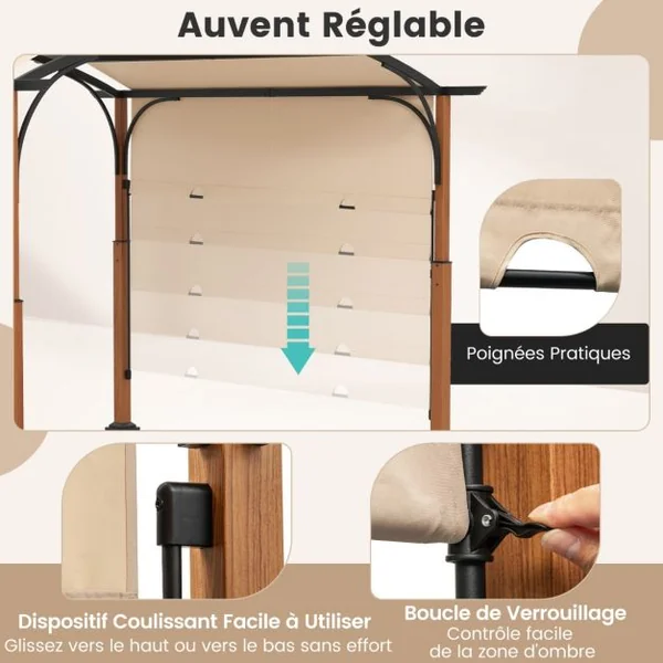 Pergola Rétractable 300x360 CM Pergola Métallique à Arcs pour Patio avec Auvent Rétractable Poteaux Aspect Bois Tonnelle Treillis Gris/Beige