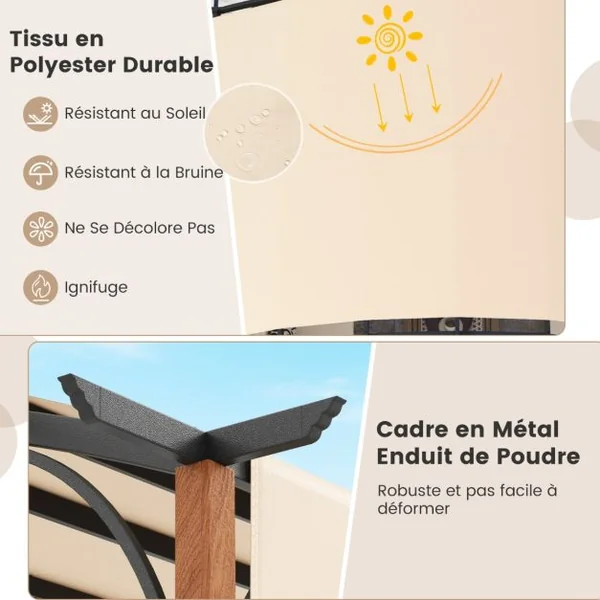 Pergola Rétractable 300x360 CM Pergola Métallique à Arcs pour Patio avec Auvent Rétractable Poteaux Aspect Bois Tonnelle Treillis Gris/Beige
