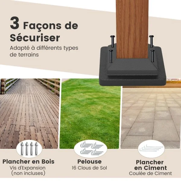 Pergola Rétractable 300x360 CM Pergola Métallique à Arcs pour Patio avec Auvent Rétractable Poteaux Aspect Bois Tonnelle Treillis Gris/Beige