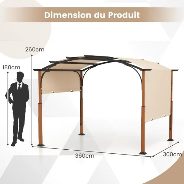 Pergola Rétractable 300x360 CM Pergola Métallique à Arcs pour Patio avec Auvent Rétractable Poteaux Aspect Bois Tonnelle Treillis Gris/Beige